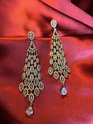 Exquisite Gold-Toned Chandelier Earrings with Pear-Cut Accents