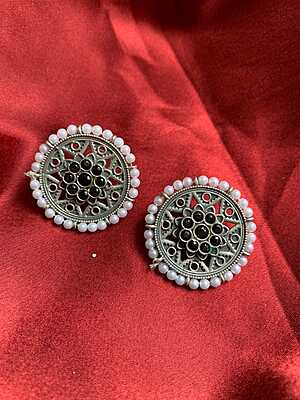 Oxidized Silver Circular Studs with Pearl Borders Oxidized Silver Circular Studs with Pearl Borders