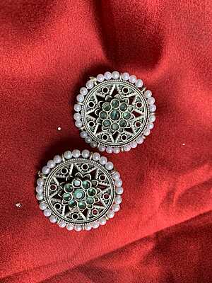 Oxidized Silver Circular Studs with Pearl Borders Oxidized Silver Circular Studs with Pearl Borders