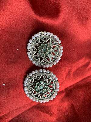 Oxidized Silver Circular Studs with Pearl Borders Oxidized Silver Circular Studs with Pearl Borders