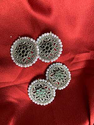 Oxidized Silver Circular Studs with Pearl Borders Oxidized Silver Circular Studs with Pearl Borders
