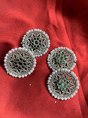 Oxidized Silver Circular Studs with Pearl Borders Oxidized Silver Circular Studs with Pearl Borders