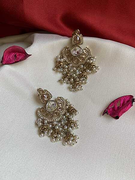 Royal Kundan & Pearl Chandbali Earrings with Gold-Toned Jhumka Droplets Royal Kundan & Pearl Chandbali Earrings with Gold-Toned Jhumka Droplets
