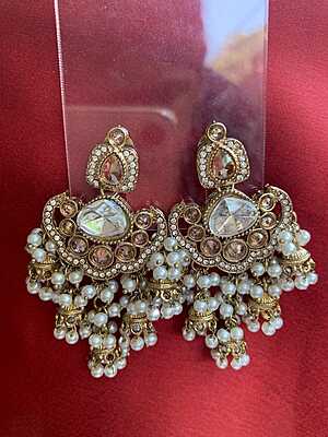 Royal Kundan & Pearl Chandbali Earrings with Gold-Toned Jhumka Droplets Royal Kundan & Pearl Chandbali Earrings with Gold-Toned Jhumka Droplets