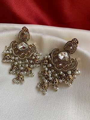 Royal Kundan & Pearl Chandbali Earrings with Gold-Toned Jhumka Droplets Royal Kundan & Pearl Chandbali Earrings with Gold-Toned Jhumka Droplets