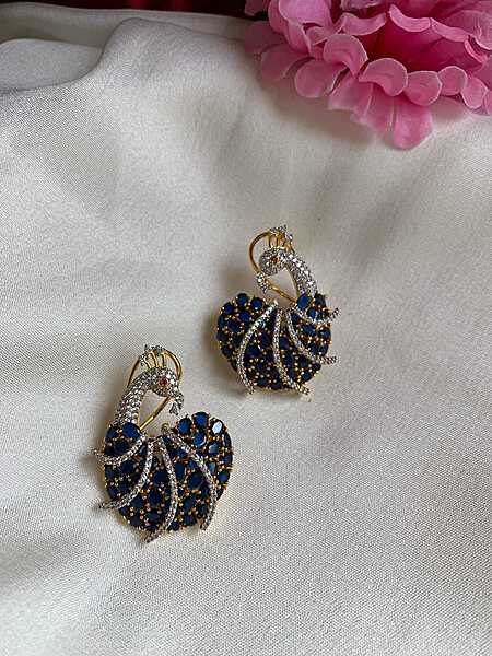 Royal Blue Peacock Studs: Handcrafted Artisan Earrings with Blue Spinels & Zircon Accents Royal Blue Peacock Studs: Handcrafted Artisan Earrings with Blue Spinels & Zircon Accents