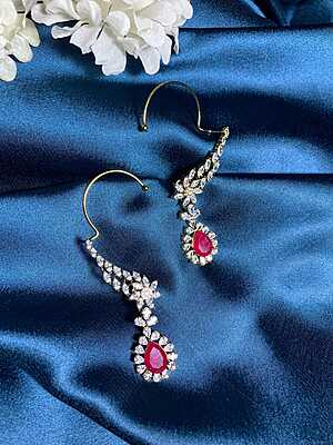 Royal Crimson Teardrop Earcuffs: Gold-Plated CZ Marquise Floral Wraps