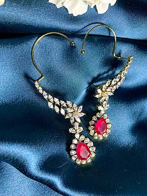 Royal Crimson Teardrop Earcuffs: Gold-Plated CZ Marquise Floral Wraps Royal Crimson Teardrop Earcuffs: Gold-Plated CZ Marquise Floral Wraps