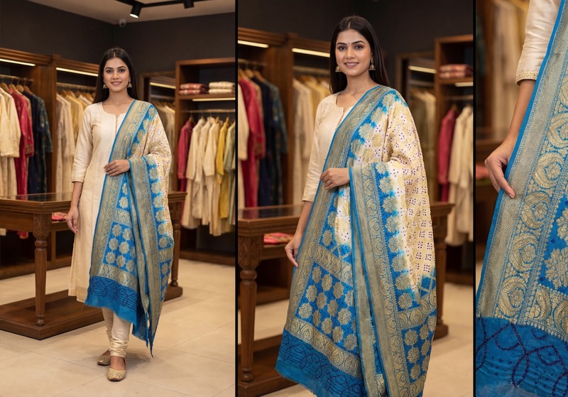 Kala Sanskruti White Firoza Color Banarasi Georgette Bandhani Dupatta 2.5 M Elegant Traditional Wear Unique Dupatta for Women