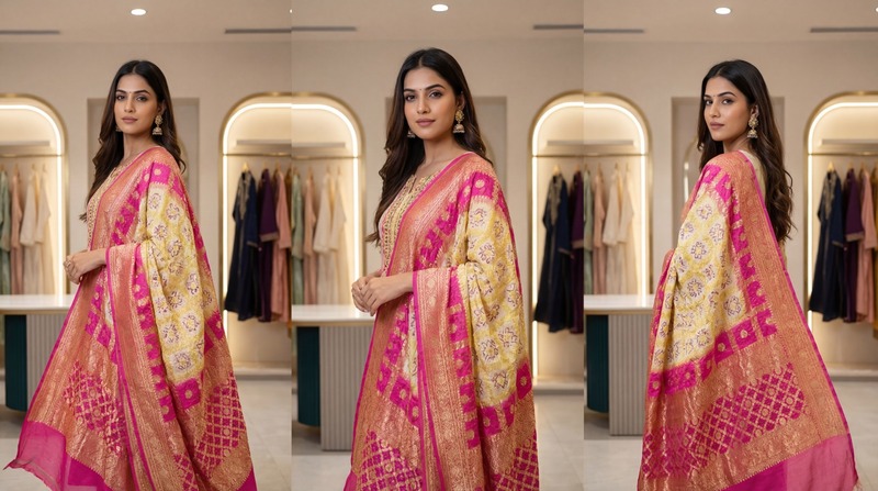 Kala Sanskruti White Lotus Color Banarasi Georgette Bandhani Dupatta 2.5 M Elegant Traditional Wear Unique Dupatta for Women