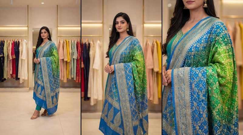 Kala Sanskruti Parrot Green & Skay Blue Color Banarasi Georgette Bandhani Dupatta 2.5 M Elegant Traditional Wear Unique Dupatta for Women