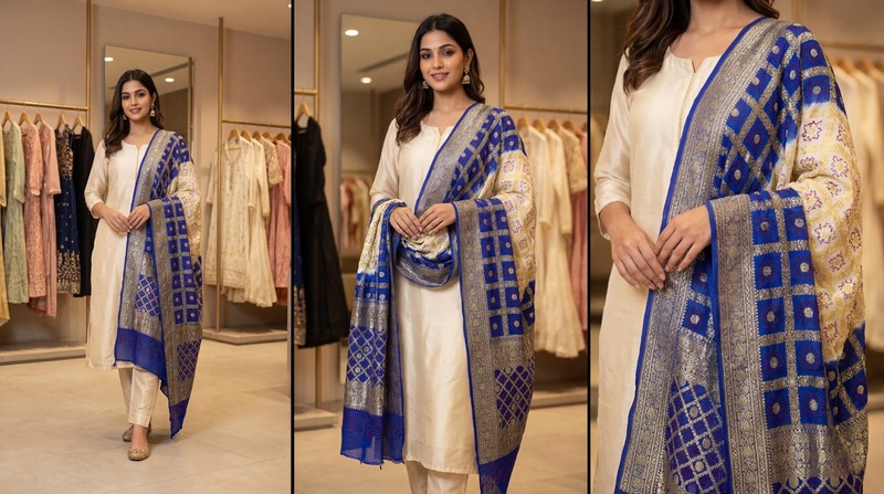 Kala Sanskruti White Blue Color Banarasi Georgette Bandhani Dupatta 2.5 M Elegant Traditional Wear Unique Dupatta for Women