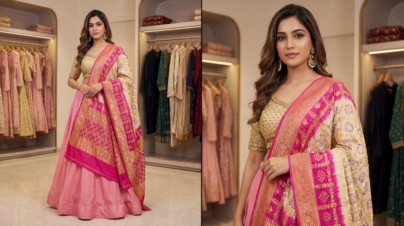 Kala Sanskruti White Lotus Color Banarasi Georgette Bandhani Dupatta 2.5 M Elegant Traditional Wear Unique Dupatta for Women