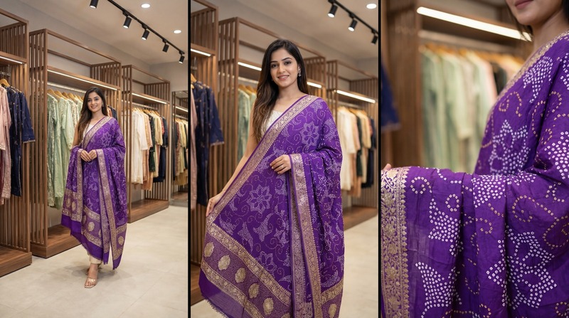 Kala Sanskruti All Over Purple Color Banarasi Georgette Bandhani Dupatta 2.5 M Elegant Traditional Wear Unique Dupatta for Women