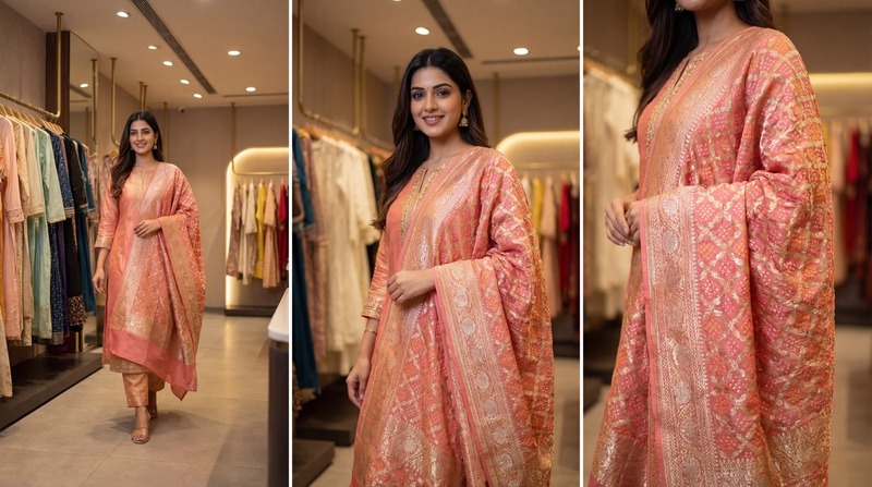 Kala Sanskruti All Over Light Orange Color Banarasi Georgette Bandhani Dupatta 2.5 M Elegant Traditional Wear Unique Dupatta for Women