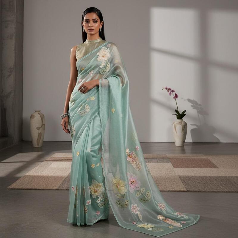 Ethereal Garden 3D Appliqué Saree - Teal Color