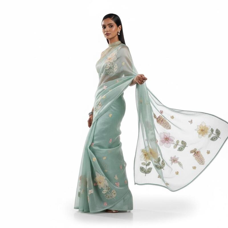 Ethereal Garden 3D Appliqué Saree - Teal Color