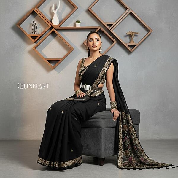 Black Saree with Vibrant Floral Embroidery