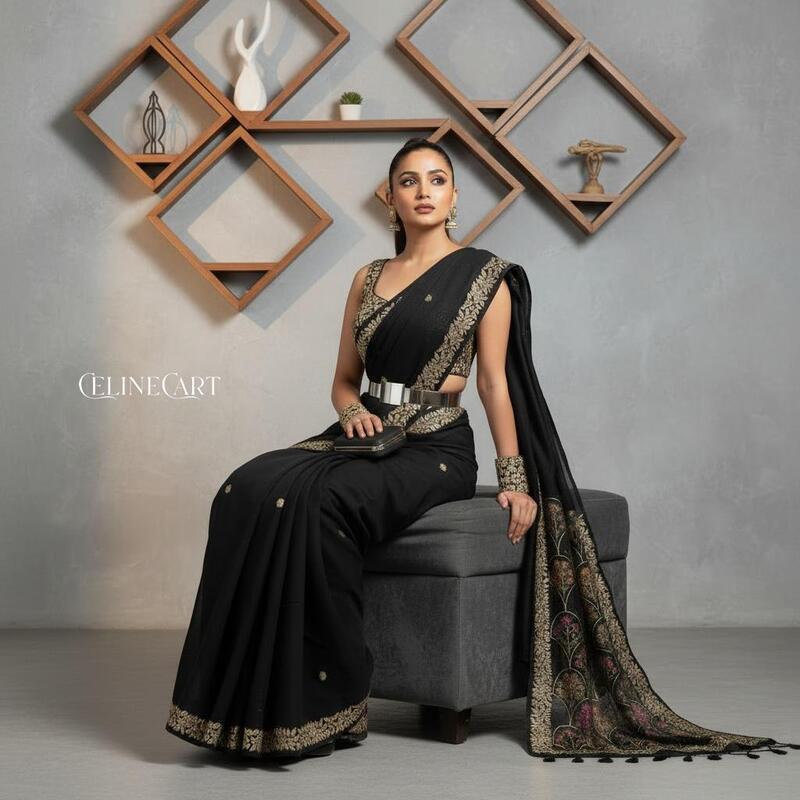 Black Saree with Vibrant Floral Embroidery