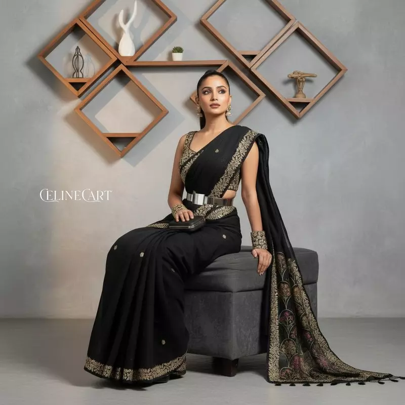 Black Saree with Vibrant Floral Embroidery