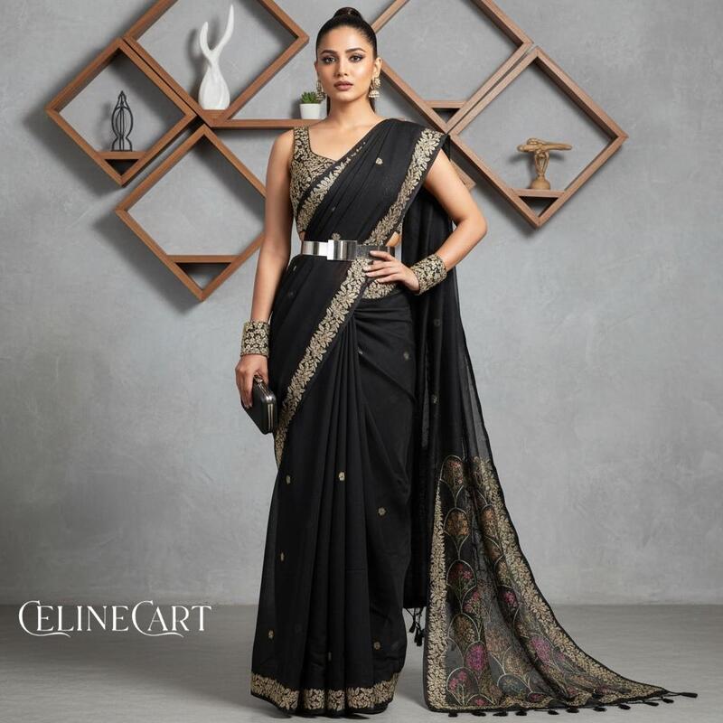 Black Saree with Vibrant Floral Embroidery