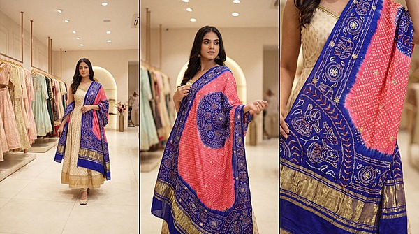 Kala Sanskruti Peach Blue Color Gaji Silk Bandhani Dupatta 2.5M Elegant Traditional Wear Gaji Dupatta for Women