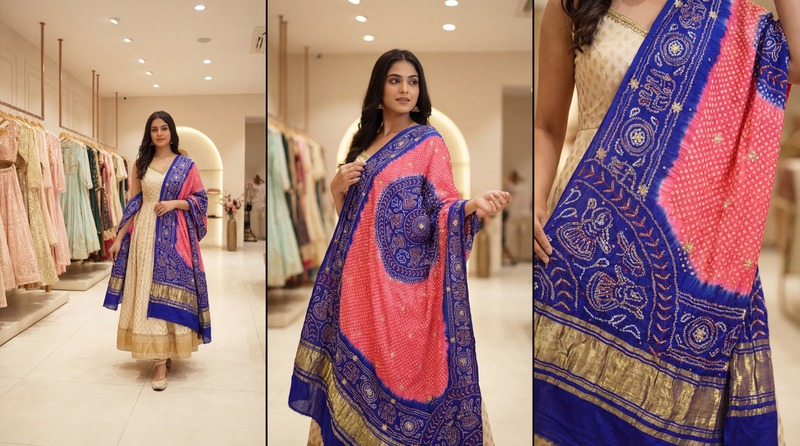 Kala Sanskruti Peach Blue Color Gaji Silk Bandhani Dupatta 2.5M Elegant Traditional Wear Gaji Dupatta for Women