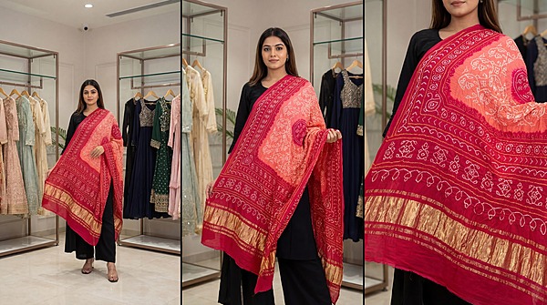 Kala Sanskruti Peach & Pink  Color Gaji Silk Bandhani Dupatta 2.5M Elegant Traditional Wear Gaji Dupatta for Women