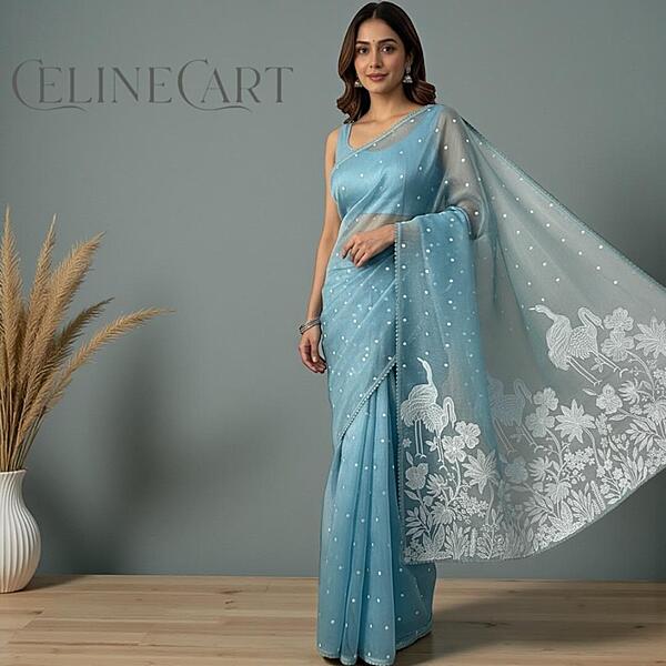Organza saree with swan design - Teal