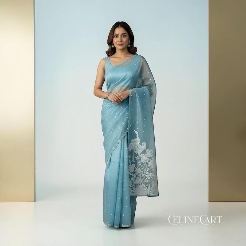 Organza saree with swan design - Teal