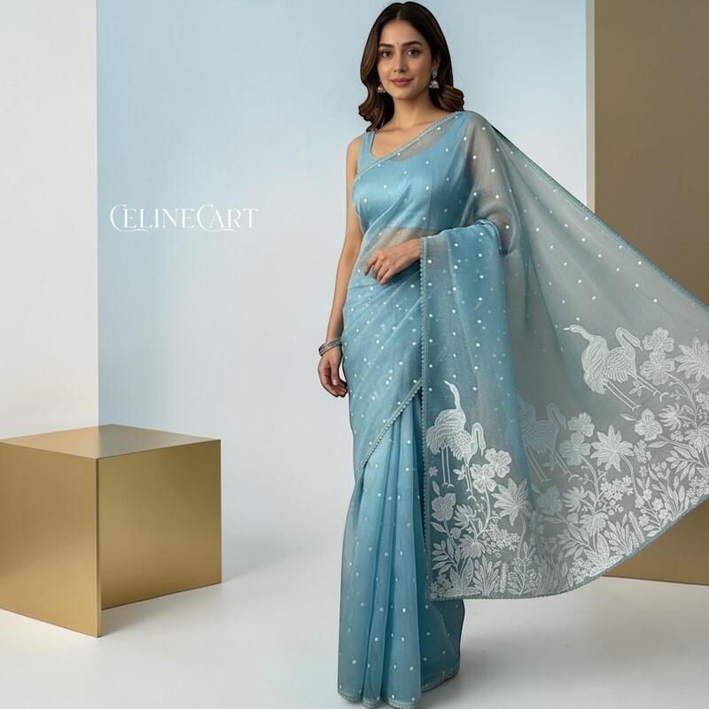 Organza saree with swan design - Teal