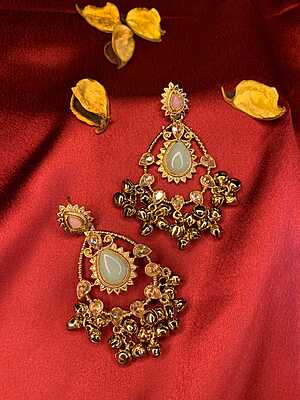 Gold-Plated Kundan Chandbali Earrings with Ghungroo Droplets