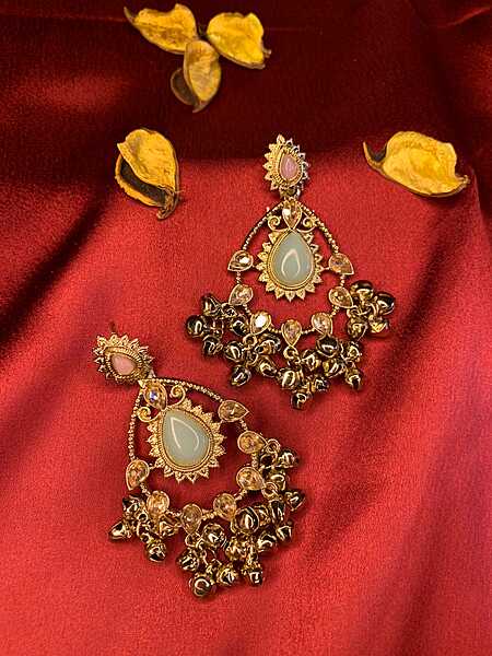 Gold-Plated Kundan Chandbali Earrings with Ghungroo Droplets