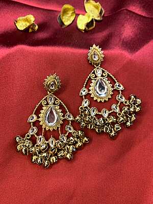 Gold-Plated Kundan Chandbali Earrings with Ghungroo Droplets