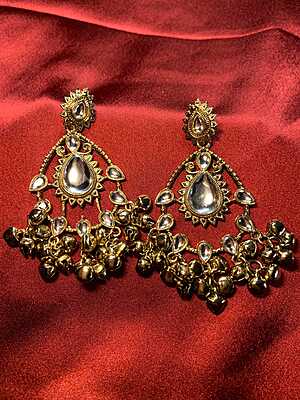 Gold-Plated Kundan Chandbali Earrings with Ghungroo Droplets