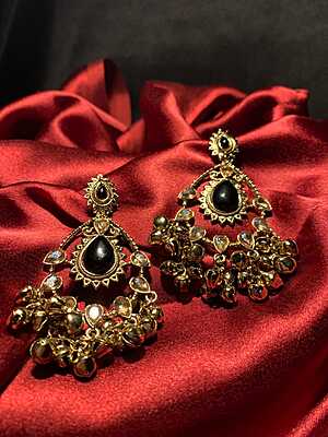 Gold-Plated Kundan Chandbali Earrings with Ghungroo Droplets