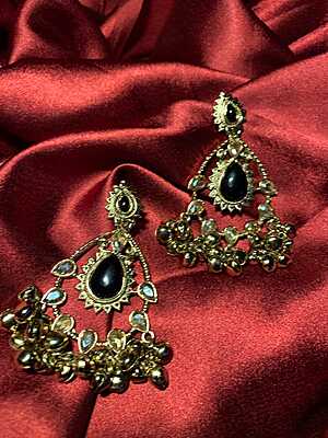 Gold-Plated Kundan Chandbali Earrings with Ghungroo Droplets