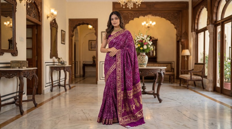 Kala Sanskruti All Over Magenta Color Pure Gaji Silk Bandhani Saree 6.5M with Blouse Piece Elegant Traditional Wear Saree for Women