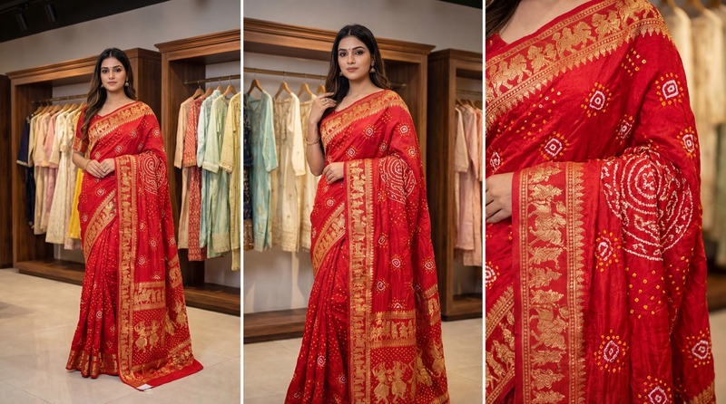 Kala Sanskruti All Over Cherry Red Color Pure Gaji Silk Bandhani Saree 6.5M with Blouse Piece Elegant Traditional Wear Saree for Women