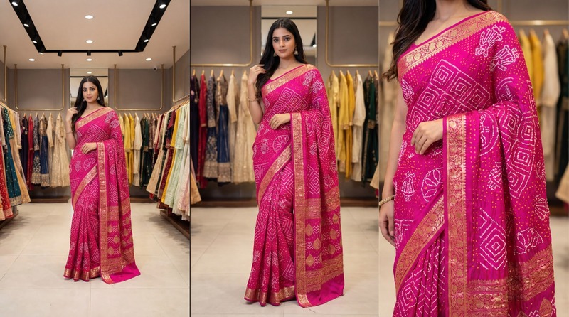 Kala Sanskruti All Over Rani Pink Color Pure Gaji Silk Bandhani Saree 6.5M with Blouse Piece Elegant Traditional Wear Saree for Women