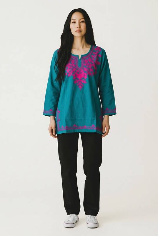 Teal Kurti with Pink Embroidery