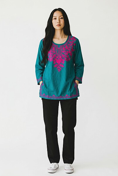 Teal Kurti with Pink Embroidery