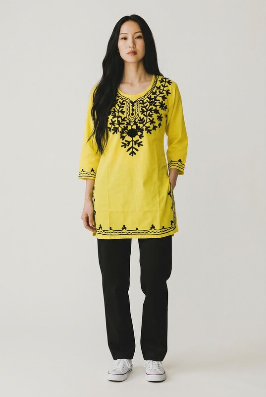 Bright Yellow Kurti with Black Embroidery