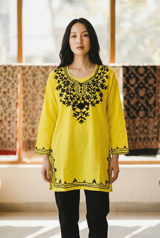 Bright Yellow Kurti with Black Embroidery