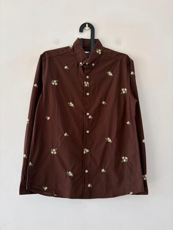 Coffee linen embroidered shirt