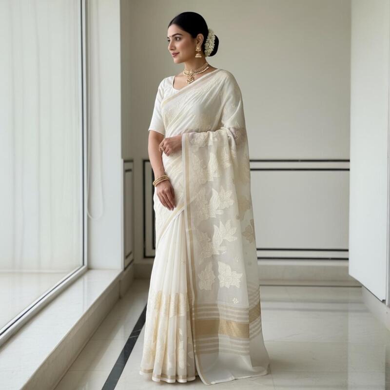 White Saree with Golden Swan Embroidery