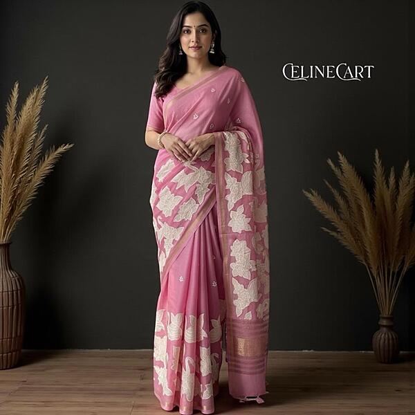 Pink Saree with Swan & Floral Embroidery