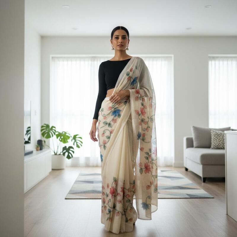 Tissue Linen Saree with applique work