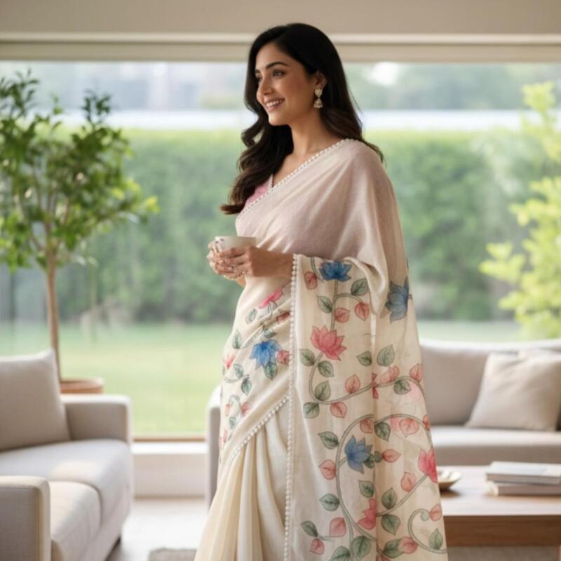 Tissue Linen Saree with applique work