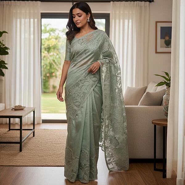 Green Saree with Floral Embroidery